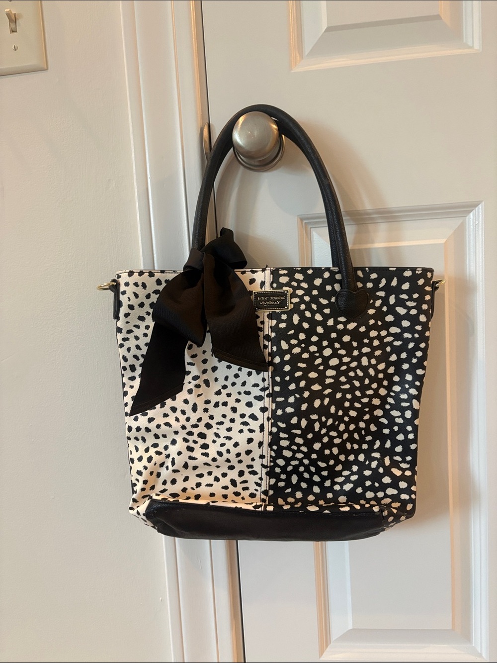 Betsey Johnson Black & White Spotted Tote with Bow Accent